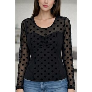 GUESS Los Angeles Womens Black Mesh Velvet Polka Dot Long Sleeve Top XL